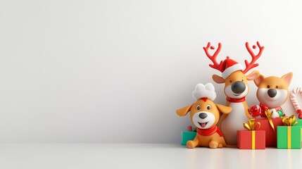 Fototapeta premium Christmas Reindeer Dogs and Presents - Festive 3D of a reindeer, two dogs, and gifts. Symbolizing joy, celebration, togetherness, warmth, and the holiday season.