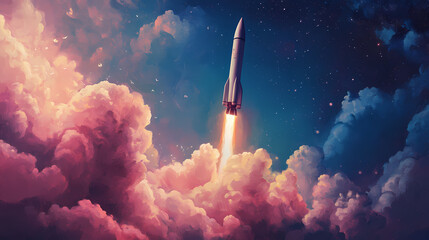 Capture a detailed, vibrant oil painting of a close-up shot of a sleek rocket piercing through billowy, cotton candy clouds in space. Momentum. Illustration