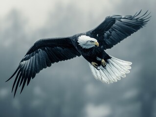 Obraz premium Majestic bald eagle in flight, foggy background.