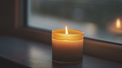 Burning candle on a windowsill, creating a warm and peaceful atmosphere, perfect for relaxing evenings