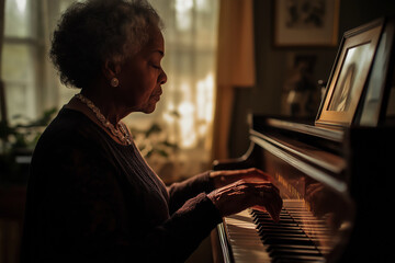 Senior musician peacefully pressing piano keys, savoring a tranquil musical moment at home