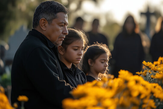 Father and daughters mourning the loss of a loved one at a gravesite, expressing grief and remembrance amidst yellow flowers