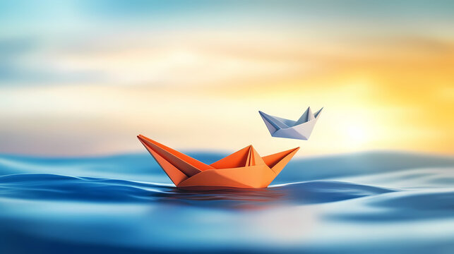 Change for success as a business start up concept or life metaphor for transition and evolution as a paper boat changing as an origami airplane taking off. Momentum. Illustration