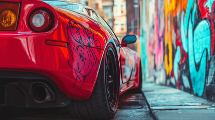 Fototapeta premium Unique red sports car with graffiti-style design on rear bumper, parked near a vibrant urban graffiti wall
