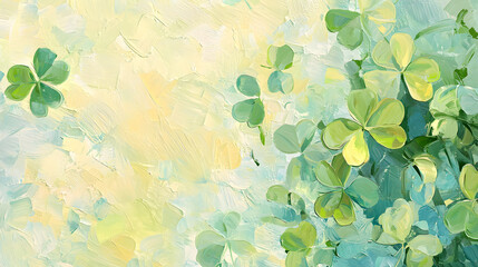 A painting of green leaves with four clovers