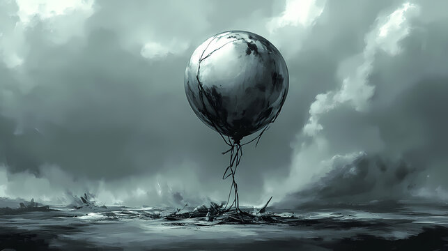 Deflated balloon, shriveled and small, the remains of a dream suggests that dreams and plans can lose their momentum. Momentum. Illustration