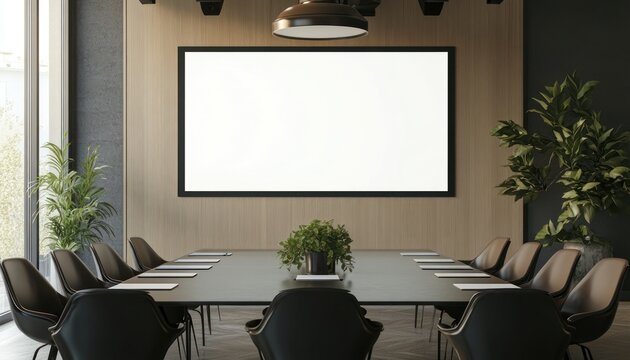Blank white screen mockup positioned in a sophisticated conference room for a professional presentation