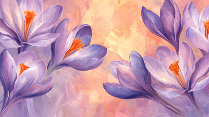 A painting of purple flowers with orange centers