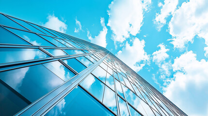 Glass facade of a modern skyscraper reflecting the blue sky and white clouds, creating a dynamic and abstract architectural image