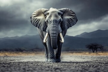 Fototapeta premium Majestic elephant walks toward viewer, stormy sky.