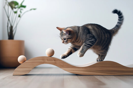 A tabby cat playing with a ball-and-track toy on a wooden floor in a minimalistic room.