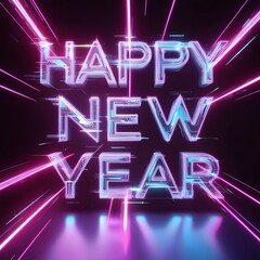 Vibrant 'Happy New Year' Design with Glitchy Typography, Neon Streaks, and Dynamic Holographic Swirls