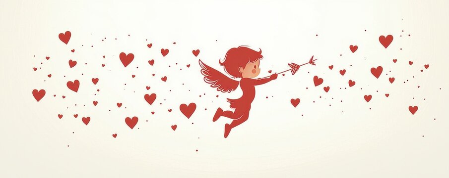Cupid shooting arrows surrounded by floating red hearts
