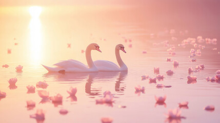 Fototapeta premium Two swans are swimming together on a lake covered in rose petals during a beautiful sunset