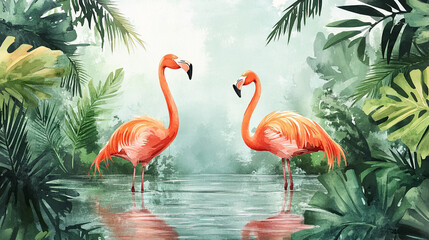 Fototapeta premium Tropical Paradise Two Flamingos in Lush Foliage Watercolor Art