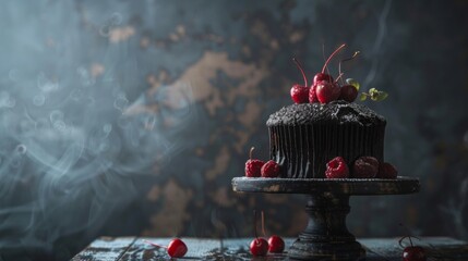Dark chocolate cupcake with cherries and dramatic lighting