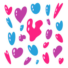 Colorful hearts cartoon style drawing illustration isolated. Valentine 14 february. Collection of doodle sketch hearts freehand digital. Heart shape set. Cute lovely amour holiday.