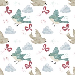 Bird and Cloud Pattern
A soft watercolor pattern showcasing birds in flight, fluffy clouds, ribbons, and gentle textures. Ideal for baby shower themes, children’s products, wallpapers, or spring-theme