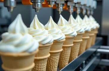 Ice cream cones being filled on a production line.