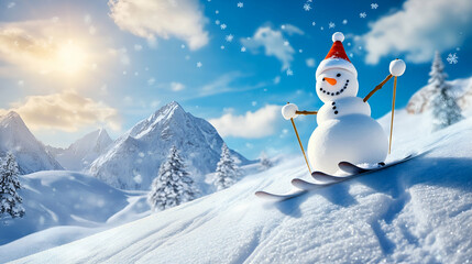Obraz premium Smiling snowman skiing down snow-covered mountains under a blue sky with fluffy clouds, capturing the Christmas spirit. high quality