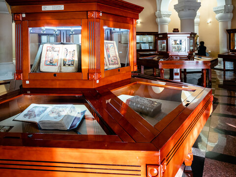 Yerevan, Armenia - November 22, 2024: medieval manuscripts in room of Matenadaran museum (Mesrop Mashtots Institute of Ancient Manuscripts) in Yerevan city on autumn day