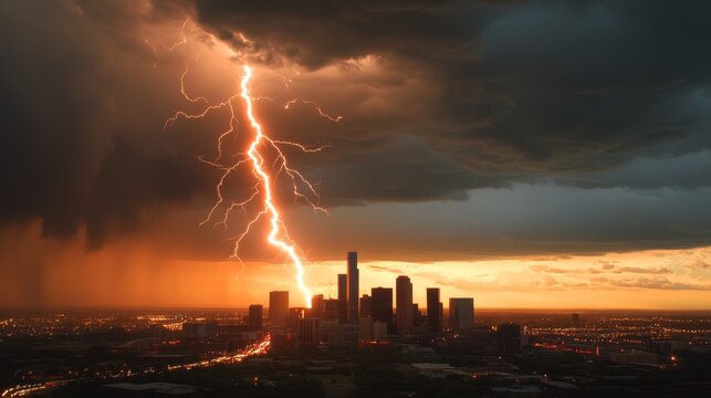 Dramatic Lightning Strike Over City Skyline at Sunset - A powerful lightning bolt illuminates a city skyline during a dramatic sunset.  Symbolizing power, nature's fury, urban resilience, awe, and fle