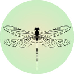 dragonfly logotype. Black line art dragonfly on a green circle background.
