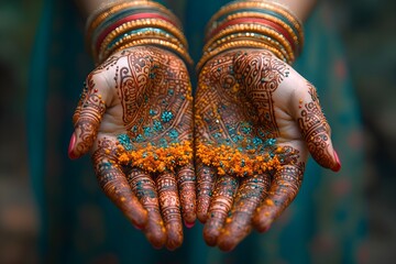 Intricate Henna Patterns Adorning Hands on a Colorful Backdrop - Generative AI