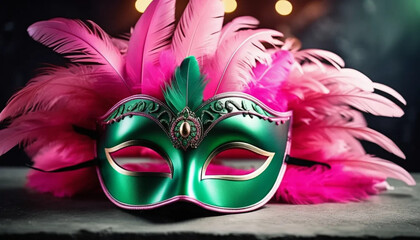 Green carnival mask with pink feathers.