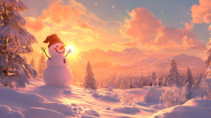 Fototapeta premium Winter Wonderland greeting card with Merry Christmas and Happy New Year wishes, featuring a joyful snowman in a snowy landscape