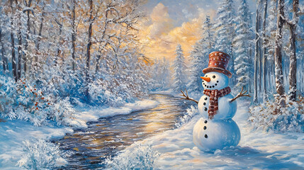 Fototapeta premium Winter Wonderland greeting card with Merry Christmas and Happy New Year wishes, featuring a joyful snowman in a snowy landscape