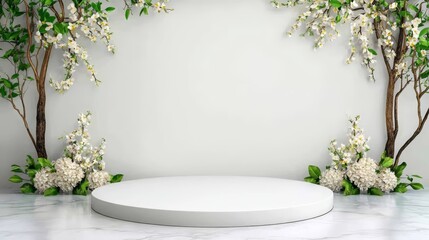Elegant White Podium with Spring Blossoms - Showcase your products with this elegant white podium scene.  Pure, clean, spring, floral, and sophisticated aesthetic.