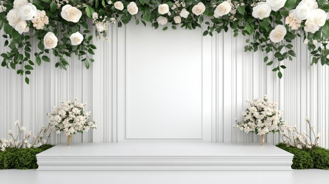 Elegant White Podium with Floral Arch Background - Pure elegance.  White podium, floral arch, minimalist design, product display, clean backdrop. Symbolizing purity, sophistication, simplicity, romanc