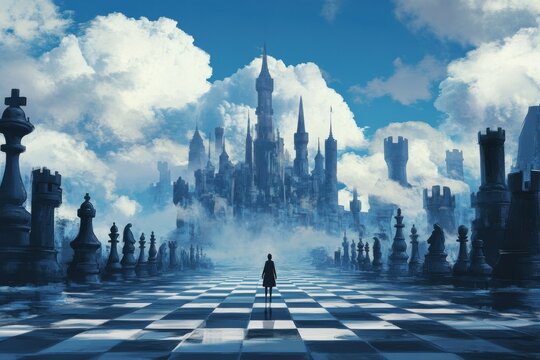 A lone figure standing before a giant chessboard in a surreal fantasy world, representing strategic decision-making.