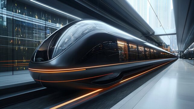 Futuristic high-speed train in modern station.
