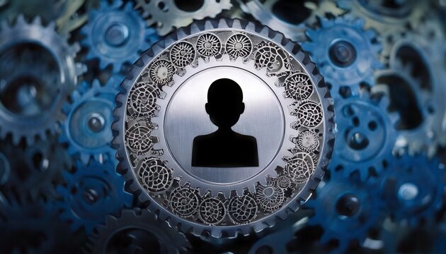 Interlocking metal gears rotating with user icon symbolize teamwork. Generated image