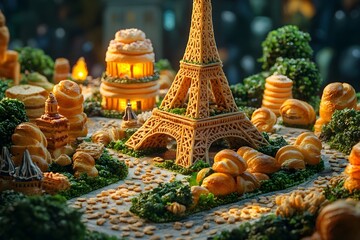Fototapeta premium Eiffel Tower crafted from delicious baguettes in edible architecture - Generative AI