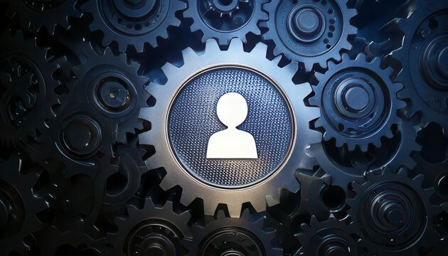 Interlocking metal gears rotating with user icon symbolize teamwork. Generated image