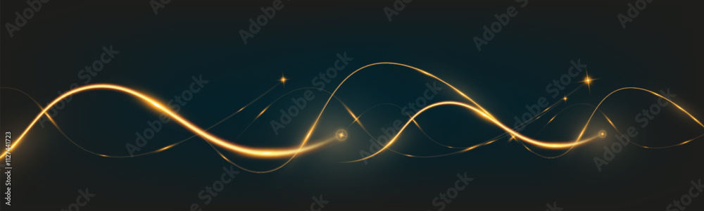 Poster Golden glowing wave lines on dark background with sparkling light effects, elegant abstract design for technology, luxury, or festive themes.	