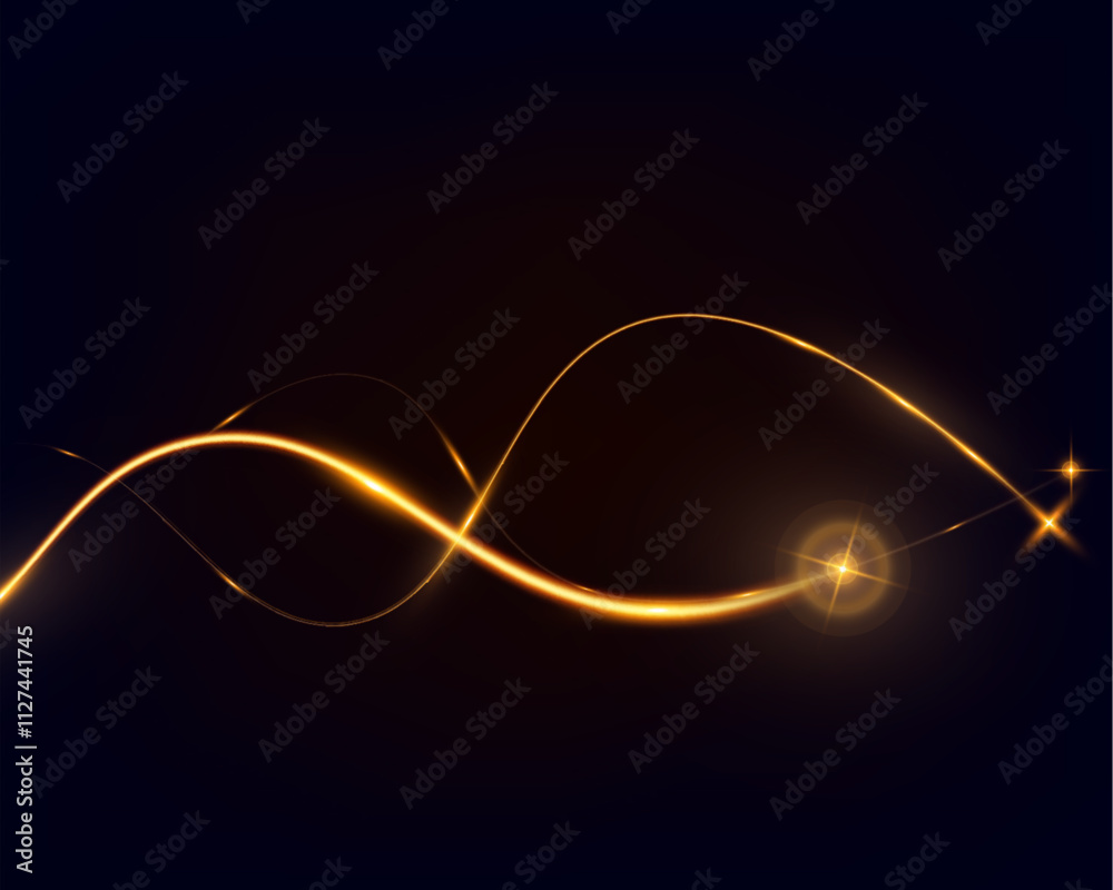 Poster Golden glowing wave lines on dark background with sparkling light effects, elegant abstract design for technology, luxury, or festive themes.	