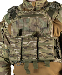 Body armor on a person. Military ammunition.
