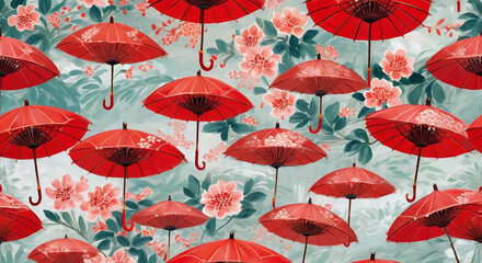 Naklejka premium Elegant red chinese umbrellas with floral patterns creating an asian-inspired backdrop