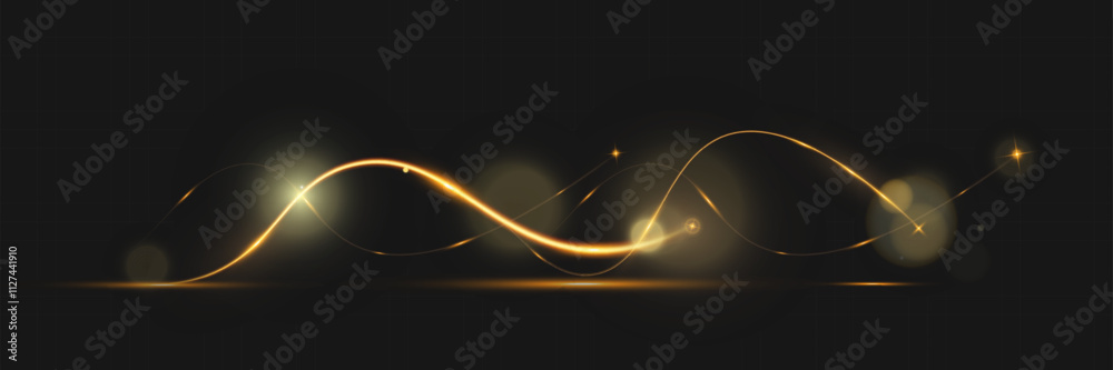 Poster golden glowing wave lines on dark background with sparkling light effects, elegant abstract design f