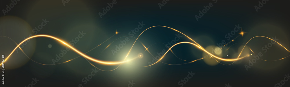 Poster Golden glowing wave lines on dark background with sparkling light effects, elegant abstract design for technology, luxury, or festive themes.	