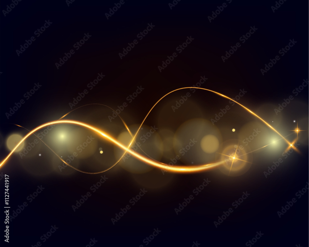 Poster golden glowing wave lines on dark background with sparkling light effects, elegant abstract design f