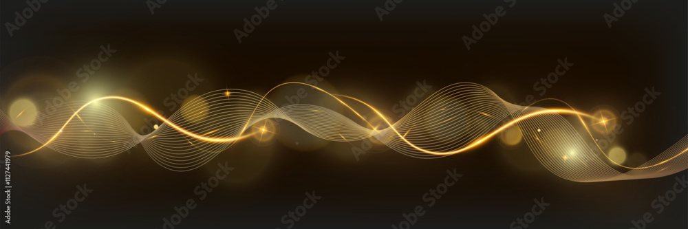 Poster golden glowing wave lines on dark background with sparkling light effects, elegant abstract design f