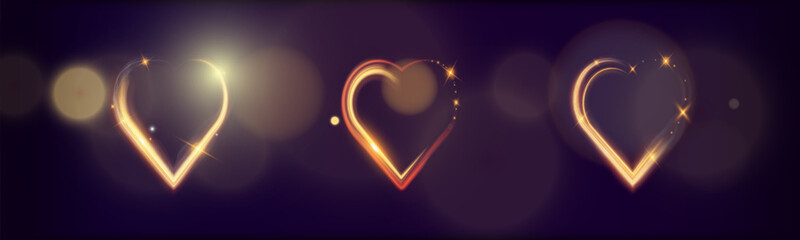 Set of glowing heart shapes with sparkles and light effects on dark transparent background. Designs include fiery, golden, and neon elements suitable for romantic or festive themes.	