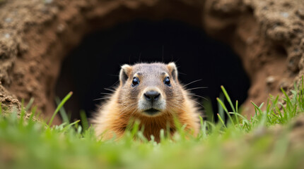 Fototapeta premium Curious Groundhog in Burrow with Green Grass Foreground.Groundhog Day Concept