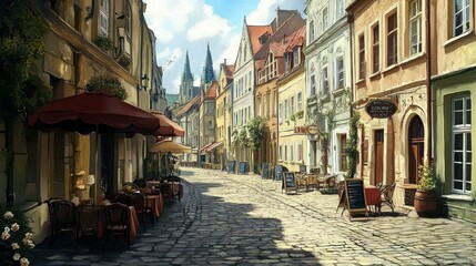 Charming cobblestone street with cafes and buildings.