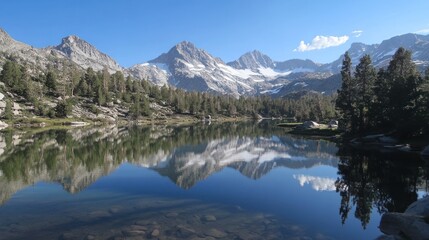 Serene mountain lake reflecting peaks and trees.